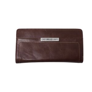 Relic Brown Pebbled Leather Continental Wallet with Red Interior & Snap Tab